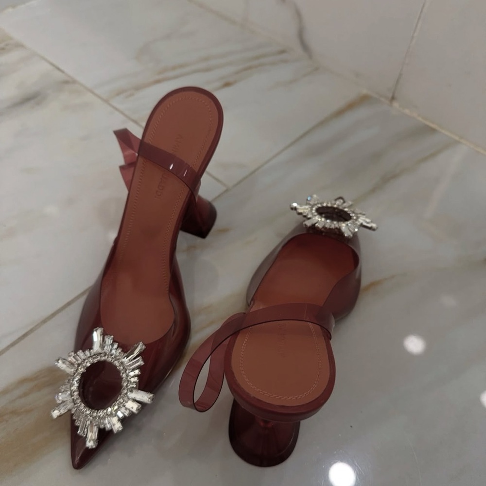 Amina Muaddi Tan Slingback Heels with Crystal Embellishment - Picture 3 of 3